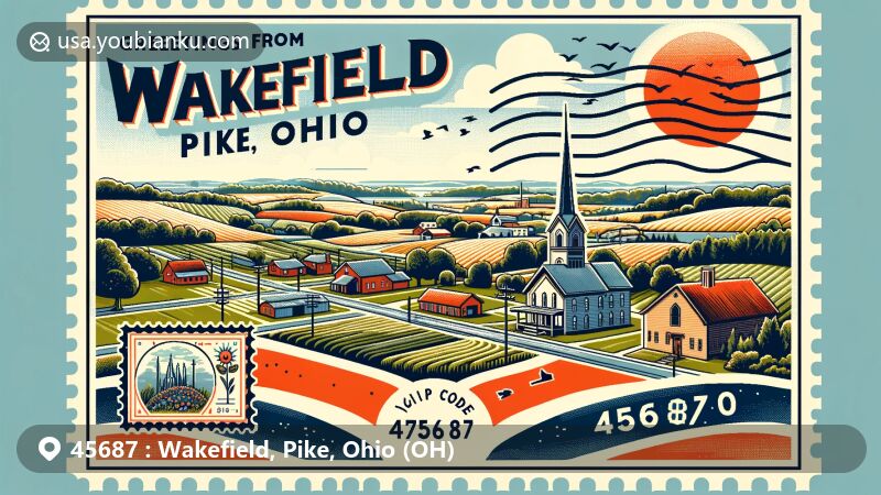 Modern illustration of Wakefield, Pike County, Ohio, representing ZIP Code 45687, showcasing scenic beauty, historical landmarks from Piketon Historic District, and archaeological importance of Scioto Township Works I.
