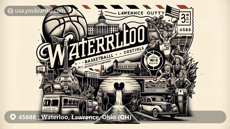 Modern illustration of Waterloo Wonders basketball team from the 1930s, featuring vintage postcard theme with Ohio state symbols and Lawrence County outline.
