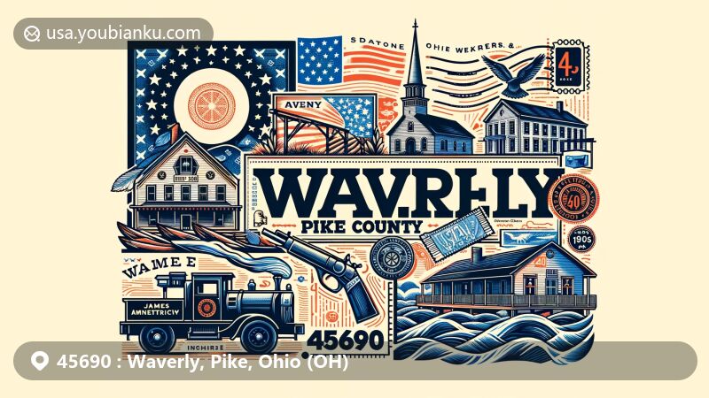 Wide-format illustration of Waverly, Pike County, Ohio, with ZIP code 45690, showcasing rich historical background including Native American heritage with the Shawnee tribe, European settlement history, Ohio and Erie Canal influence, James Emmitt's contributions, and postal symbols.