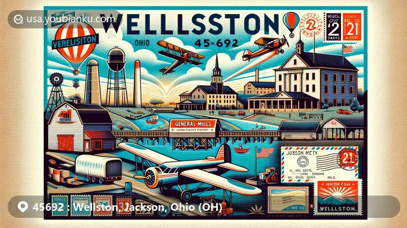 Modern illustration of Wellston, Ohio, with postal theme of ZIP code 45692, featuring General Mills and Jackson County Fair, incorporating vintage postcard layout, airplane envelope, and postal stamps.