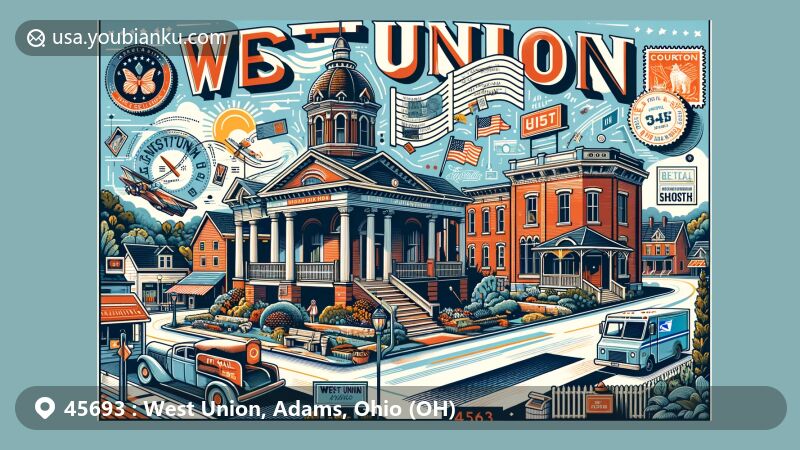 Modern illustration of West Union, Adams, Ohio (OH), depicting the charm and history of the area with a focus on the picturesque Courthouse Square, community gatherings, and local landmarks against a backdrop of postal elements like vintage postcards, air mail envelopes, stamps, and postal symbols.