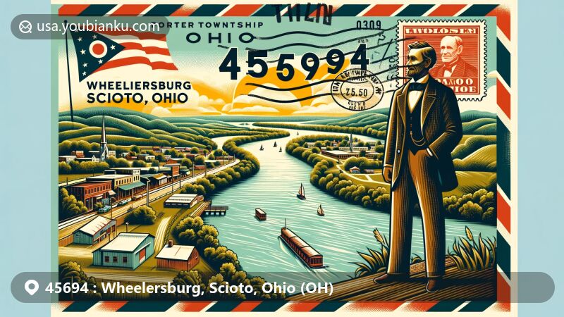 Modern illustration of Wheelersburg area in Scioto County, Ohio, showcasing postal theme with ZIP code 45694, featuring Ohio River view, Porter Township Community Park, state flag, and local geography.