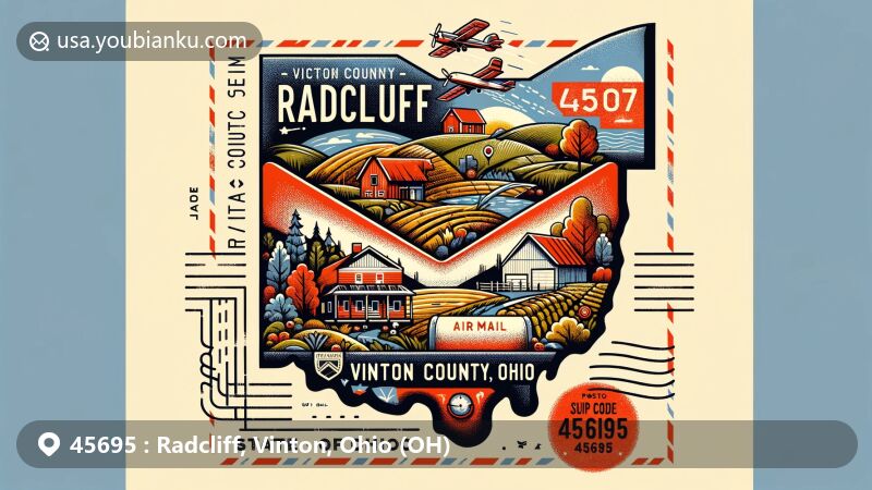 Modern illustration depicting the Radcliff community in Vinton County, Ohio, featuring a creatively designed air mail envelope with postal elements and rustic landscapes, incorporating ZIP Code 45695 and subtle Ohio/Vinton County shapes.