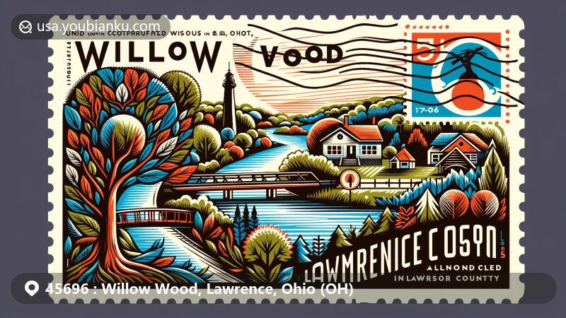 Modern illustration of Willow Wood, Lawrence County, Ohio, featuring postal theme with ZIP code 45696, showcasing rural landscapes like rolling hills, forests, and Symmes Creek in western Windsor Township.