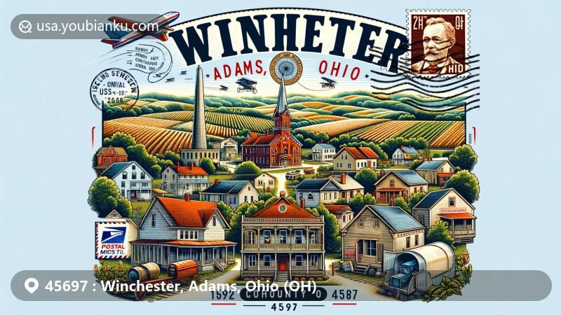 Modern illustration of Winchester, Adams County, Ohio, blending rural charm and historical significance with postal themes, featuring Dr. A. C. Lewis House and ZIP code 45697.