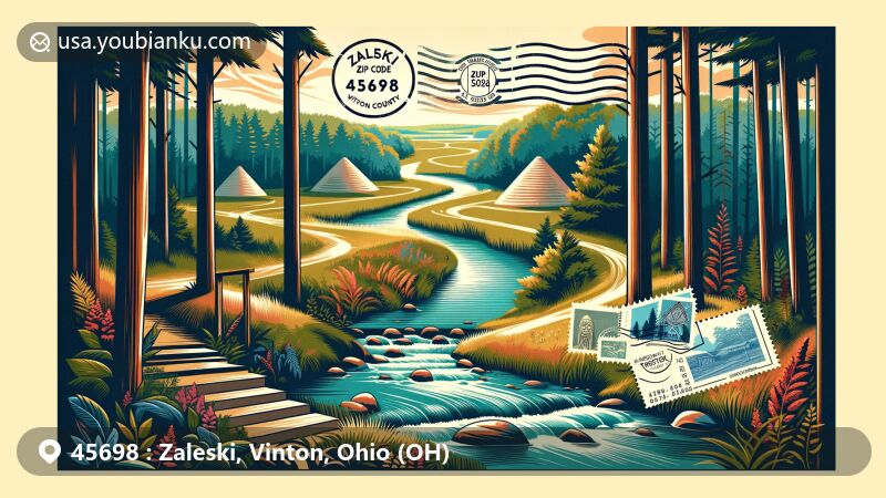 Modern illustration of Zaleski, Vinton County, Ohio, highlighting natural beauty and cultural heritage, featuring Zaleski State Forest with trails and lakes, Adena mounds, and modern postal elements.