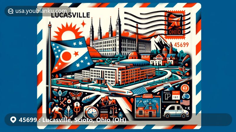 Modern illustration of Lucasville, Ohio, with ZIP code 45699, featuring Southern Ohio Correctional Facility and cultural elements, emphasizing the African American community, postal symbols, and a creatively designed air mail envelope.
