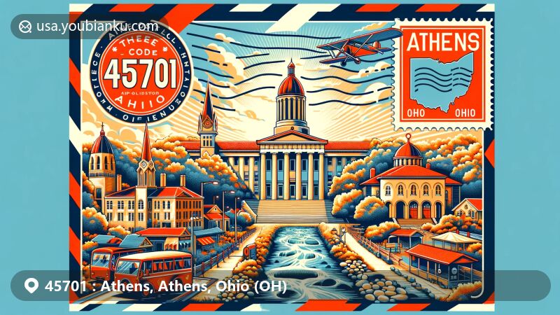 Modern illustration of Athens, Ohio, highlighting iconic landmarks like Ohio University's College Edifice, Southeast Ohio History Center, and The Ridges asylum, framed in an air mail envelope with postal stamp elements.