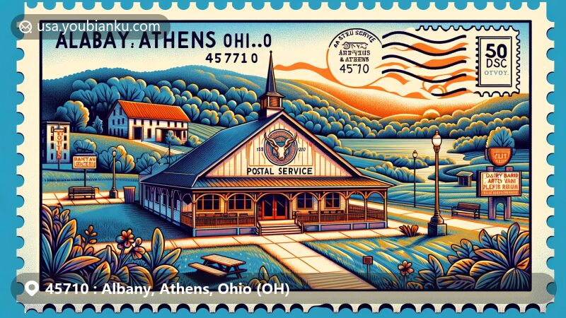 Modern illustration of Albany, Athens County, Ohio, highlighting postal theme with ZIP code 45710, showcasing Dairy Barn Arts Center, Athena Cinema, and classic postal elements.