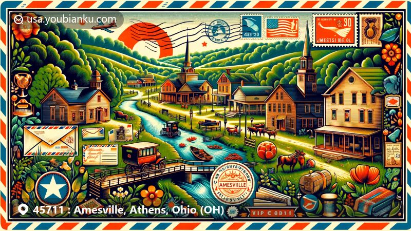 Modern illustration of Amesville, Athens County, Ohio, showcasing postal theme with ZIP code 45711, featuring Appalachian Mountains, Coonskin Library, and Underground Railroad history.