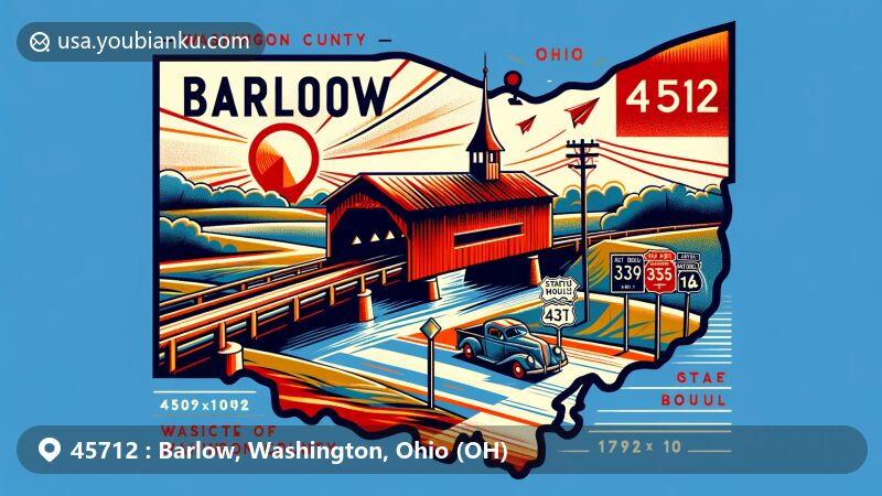 Modern illustration of Barlow, Ohio, highlighting postal theme with ZIP code 45712, featuring Bell Covered Bridge, Washington County outline, State Routes 339 and 550 intersection, and Barlow Fairgrounds.