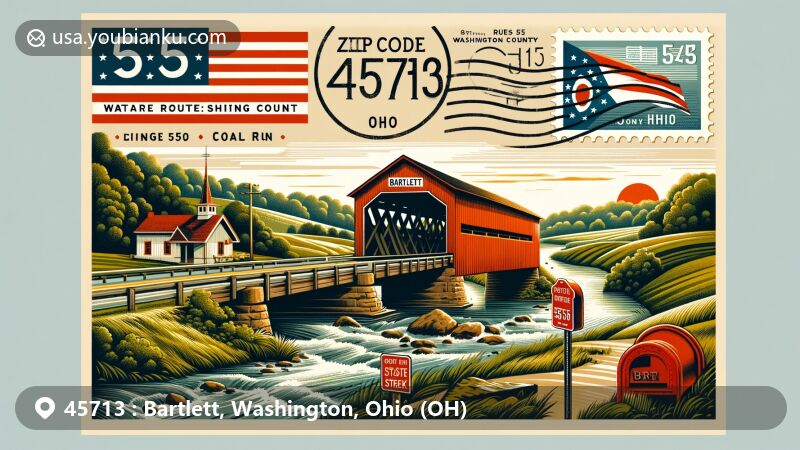 Modern illustration of Bartlett area, Washington County, Ohio, showcasing postal theme with ZIP code 45713, featuring intersection near Coal Run of State Routes 550 and 555, Shinn Covered Bridge, and vintage postcard elements.
