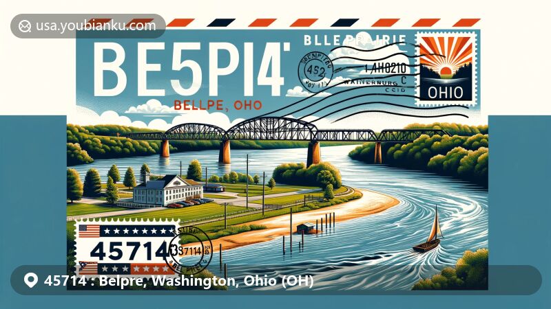 Modern illustration of Belpre, Ohio, highlighting Ohio River, Parkersburg Bridge, and Belle Prairie theme, featuring Ohio and Washington County flags.