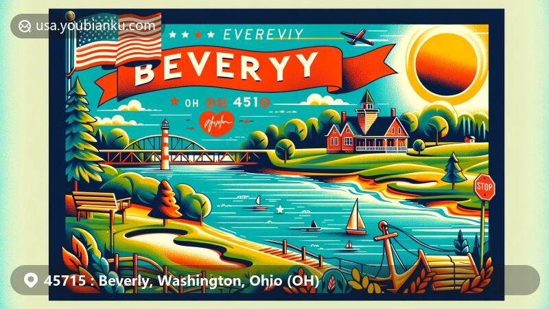 Modern illustration of Beverly, Washington County, Ohio, showcasing postal theme with ZIP code 45715, featuring Muskingum River, Fort Frye, Lakeside Golf Course, and vibrant postcard elements.