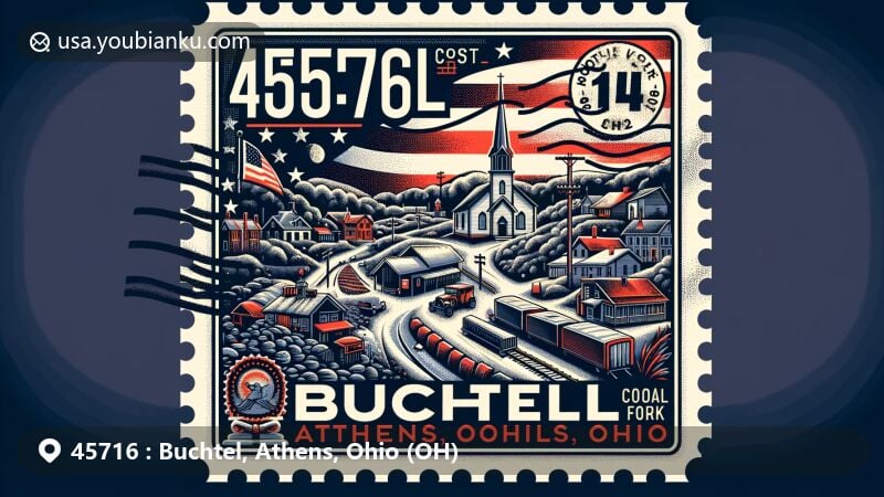 Modern illustration of Buchtel, Athens, Ohio, capturing postal theme with ZIP code 45716, featuring postage stamp, postal mark, and Ohio state flag.