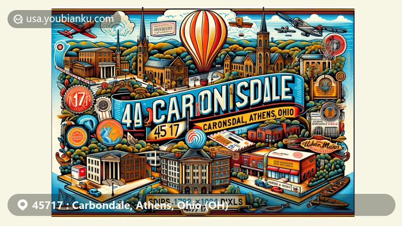 Modern illustration of Carbondale, Athens, Ohio, highlighting historical downtown Athens, Southeast Ohio History Center, Athena Cinema, Hocking Hills State Park, The Ridges, Cedar Falls, and Lake Hope State Park, with vintage air mail elements and ZIP code 45717.