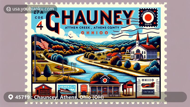 Modern illustration of Chauncey, Athens County, Ohio, highlighting the confluence of Sunday Creek and Hocking River, featuring a public library, community park, postal theme elements, and a vibrant design.