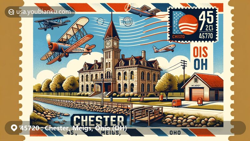 Modern illustration of Chester, Meigs County, Ohio, blending postal and regional themes with Old Meigs County Courthouse, Chester Academy, Shade River, air mail envelope, Ohio state flag, vintage postage stamp, and iconic air mail airplane.