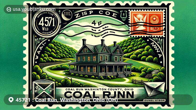 Modern illustration of Coal Run, Washington County, Ohio, featuring the Mason House and Appalachian foothills, with a vintage air mail envelope, postage stamp, and ZIP code 45721.