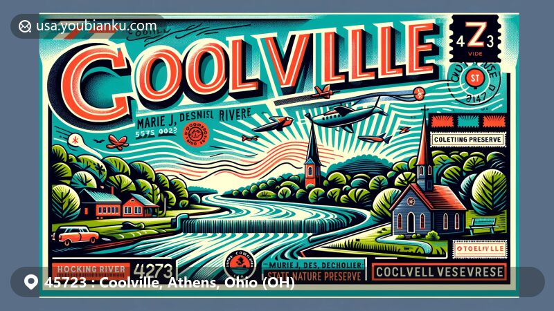 Modern illustration of Coolville, Athens County, Ohio, highlighting postal theme with ZIP code 45723, featuring Hocking River, Marie J. Desonier State Nature Preserve, and Ohio's Smallest Church, the Healing Chapel.