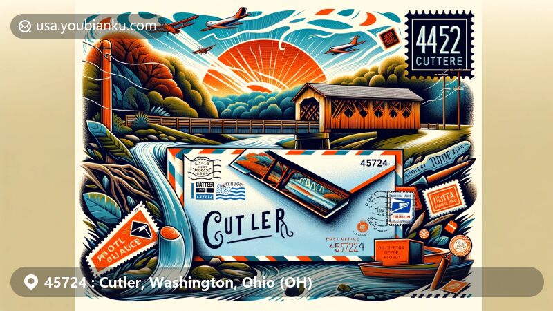 Modern illustration of Cutler, Washington County, Ohio, highlighting postal theme with ZIP code 45724, featuring Root Covered Bridge and rural landscape, blending Ohio River and Appalachian hints.