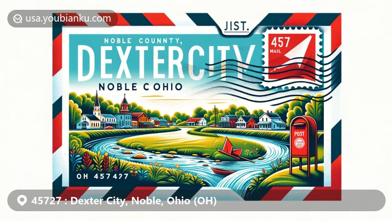 Creative illustration of Dexter City, Noble County, Ohio, highlighting ZIP code 45727, featuring local charm and postal theme with Ohio's state flag, air mail envelope design, and scenic landscape along Duck Creek.