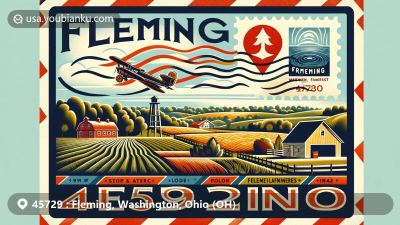 Modern illustration of Fleming, Washington County, Ohio, capturing rural farmland, trees, and Wayne National Forest, showcasing postal theme with ZIP code 45729 and vintage airmail envelope.