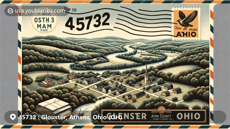Modern illustration of Glouster, Athens County, Ohio, featuring postal theme with ZIP code 45732, showcasing Burr Oak State Park and local landmarks.
