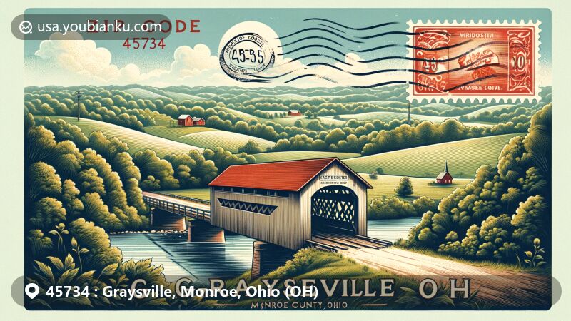 Modern illustration of Graysville, Monroe County, Ohio, showcasing historical Foreaker Covered Bridge with ZIP code 45734, surrounded by lush greenery and rolling hills, embodying rich history and natural beauty.