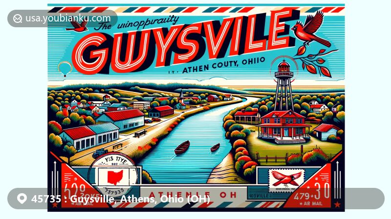 Modern illustration of Guysville, Athens County, Ohio, showcasing postal theme with ZIP code 45735, featuring Hocking River and Ohio state symbols.
