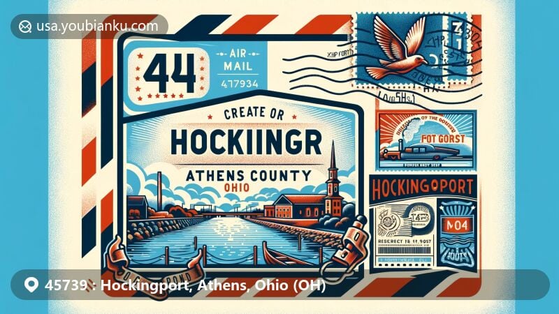 Modern illustration of Hockingport, Athens County, Ohio, featuring vintage air mail envelope frame with postal motifs, showcasing Ohio River and Fort Gower, and highlighting ZIP Code 45739.