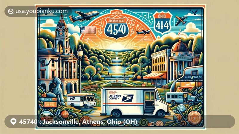 Illustration of Jacksonville, Athens, Ohio, highlighting ZIP code 45740, featuring historic landmarks like Southeast Ohio History Center, Athena Cinema, and Dairy Barn Arts Center, with Ohio state flag and Athens County outline in background.
