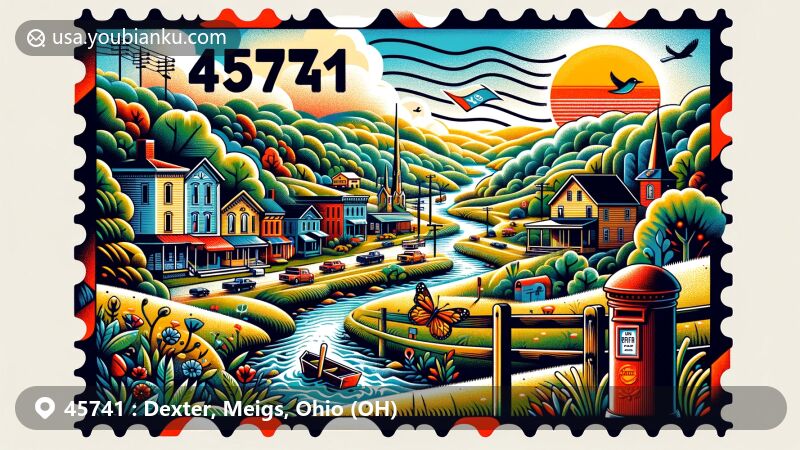 Modern illustration of Dexter, Meigs County, Ohio, with ZIP code 45741, showcasing creative postal theme and Appalachian landscapes, featuring streams, valleys, and ridges.