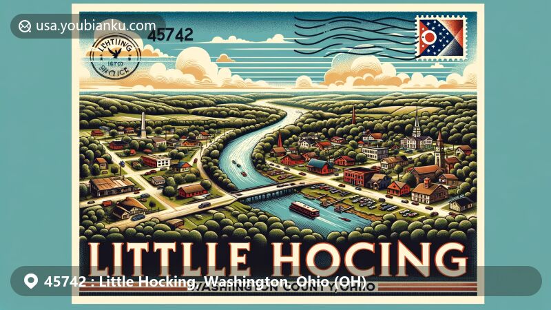 Modern illustration of Little Hocking, Ohio, highlighting postal theme with ZIP code 45742, featuring the confluence of Little Hocking River and Ohio River. State symbols like the Ohio state flag subtly integrated.