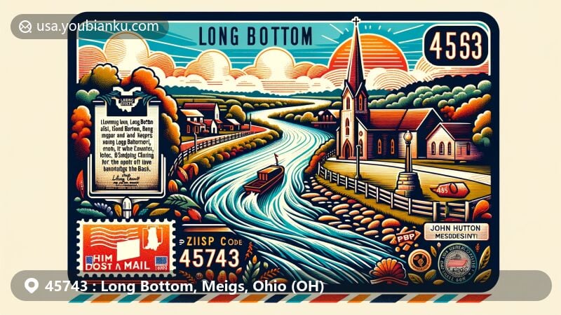 Modern illustration of Long Bottom, Meigs County, Ohio, displaying postal theme with ZIP code 45743, featuring Ohio River, Long Bottom United Methodist Church, and historical Civil War marker.