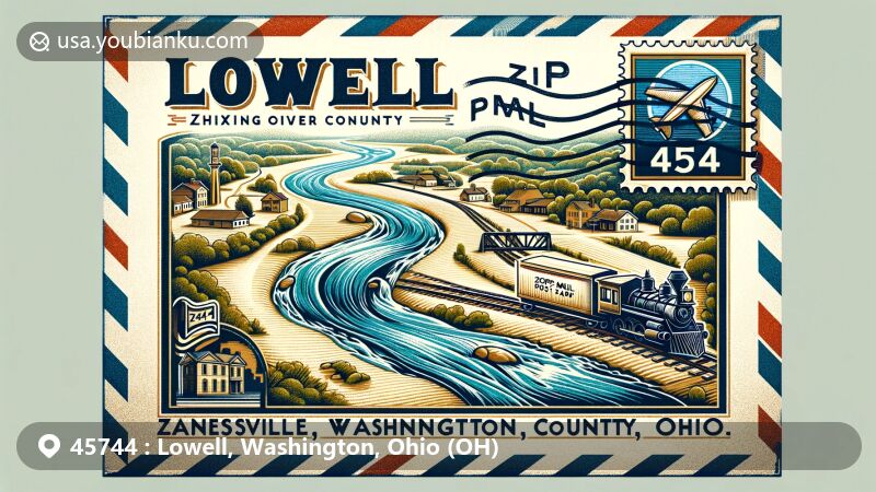 Modern illustration of Lowell, Washington County, Ohio, featuring elements of geography and history, with a nod to the Muskingum River and railroad, incorporating a vintage air mail envelope symbolizing communication and connection.