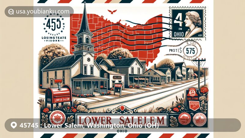 Modern illustration of Lower Salem, Ohio, with postal theme and ZIP code 45745, featuring vintage postcard design and elements of small-town atmosphere and heritage.