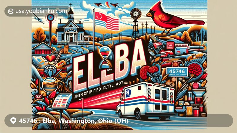 Modern illustration of Elba, Ohio, showcasing postal theme with ZIP code 45746, featuring local landscapes and Ohio state symbols like the state flag, red carnation, and cardinal.