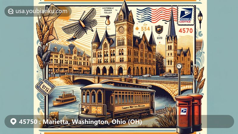 Modern illustration of Marietta, Ohio, showcasing historical charm and postal heritage of ZIP code 45750, featuring Gothic Revival style The Castle, Muskingum River, Marietta Trolley, Campus Martius Museum, classic red mailbox, vintage postage with '45750' ZIP code, and postmark symbolizing communication and connection.