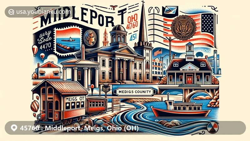 Modern illustration of Middleport, Meigs County, Ohio, highlighting ZIP code 45760, featuring Ohio River, historical significance, and postal service elements in a vibrant and creative design suitable for webpage.
