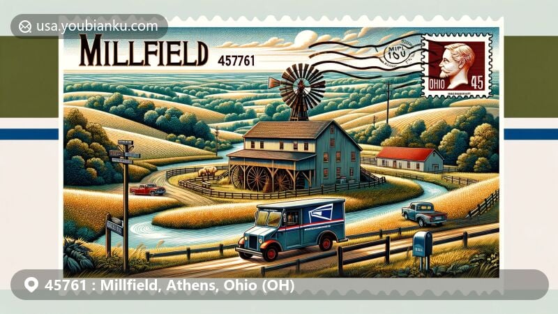 Modern illustration of Millfield, Athens County, Ohio, showcasing rural character with rolling hills, wooded areas, and a historic gristmill, incorporating postal elements like a vintage postal truck and mailboxes, along with a postal stamp featuring ZIP code 45761.