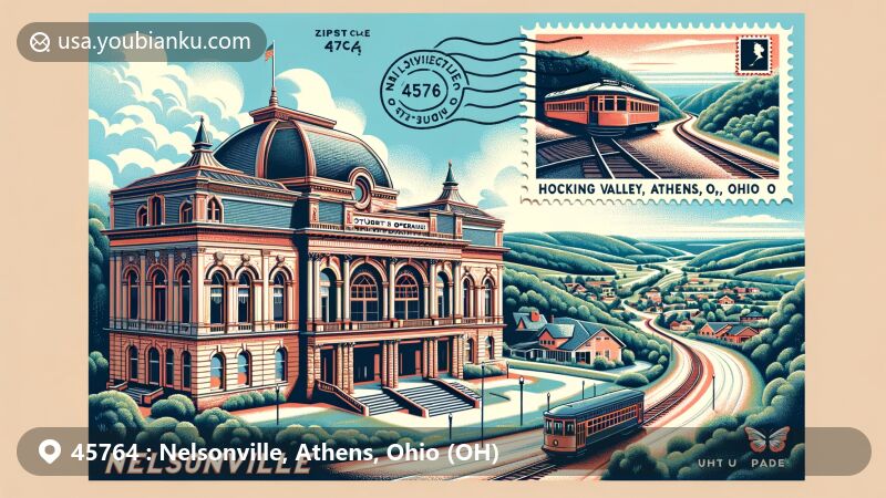 Modern illustration of Nelsonville, Athens County, Ohio, featuring Stuart's Opera House and Hocking Valley Scenic Railway, integrating postal elements with ZIP code 45764.