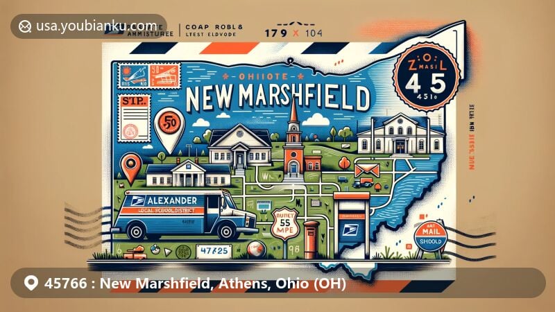 Modern illustration of New Marshfield, Ohio, representing postal theme for ZIP code 45766, showcasing local area elements, State Route 56, and symbols of Alexander Local School District.
