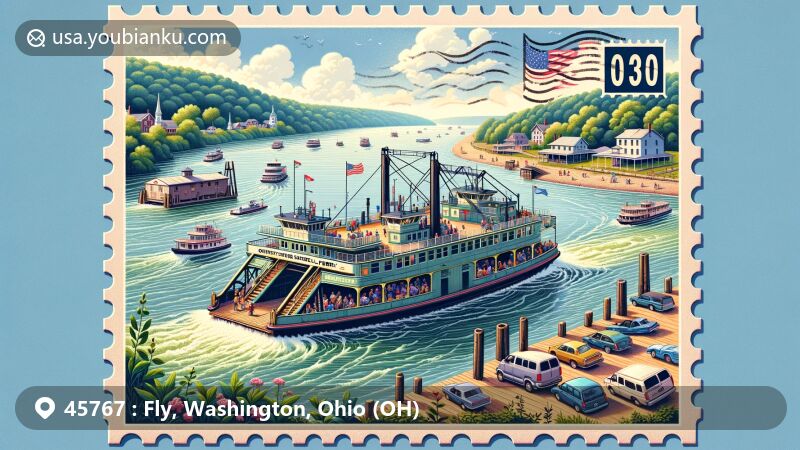 Modern illustration of Fly, Ohio, showcasing the iconic Fly-Sistersville Ferry crossing the Ohio River, enveloped by lush surroundings and serene waters, hinting at the West Virginia backdrop.