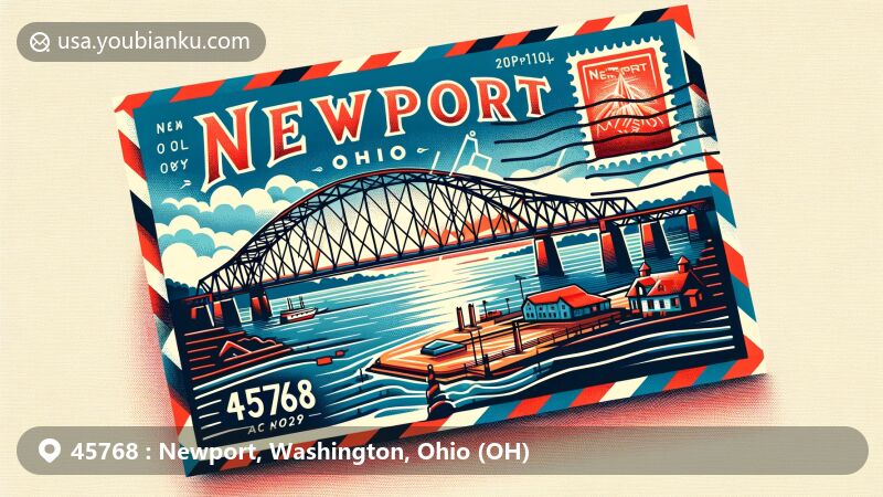 Modern illustration of Newport, Ohio, showcasing postal theme with ZIP code 45768, featuring Carpenter Bridge and Ohio River connection.