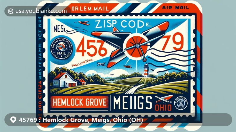 Modern illustration of Hemlock Grove, Meigs County, Ohio, inspired by vintage airmail envelopes, featuring postal elements and Ohio state flag design.