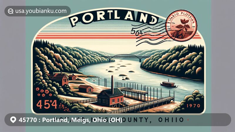 Modern illustration of Portland, Meigs County, Ohio, highlighting postal theme with ZIP code 45770, featuring Ohio River landscape and Appalachian Plateau elements, including Forked Run State Park.