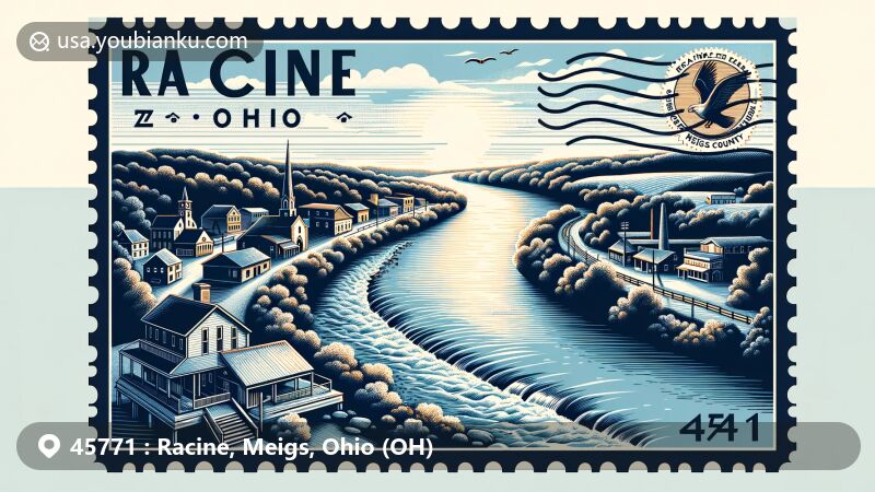 Modern illustration of Racine, Ohio, Meigs County, blending geographical and postal elements, featuring the Ohio River and symbolic postal imagery.