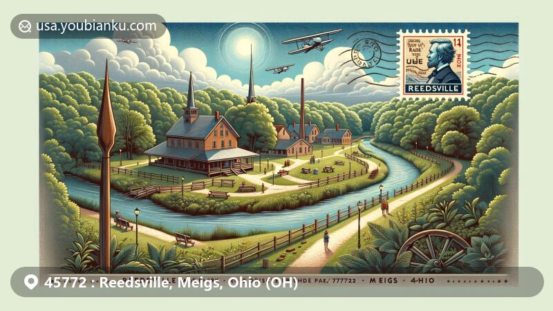 Creative postcard illustration of Reedsville, Meigs County, Ohio, showcasing Forked Run State Park, Ohio River view, Ambrose Bierce tribute, and John Hunt Morgan Heritage Trail, with vintage stamp of Reedsville United Methodist Church.