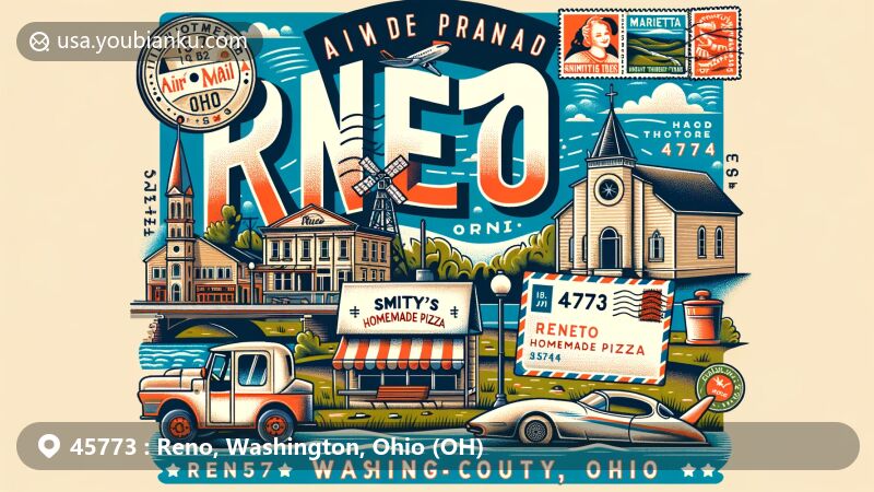 Modern illustration of Reno, Washington County, Ohio, featuring postcard theme with ZIP code 45773, including Ohio River, Marietta Township, and Smitty's Homemade Pizza.